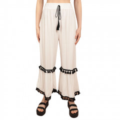 Pantaloni albi cu ciucuri negri