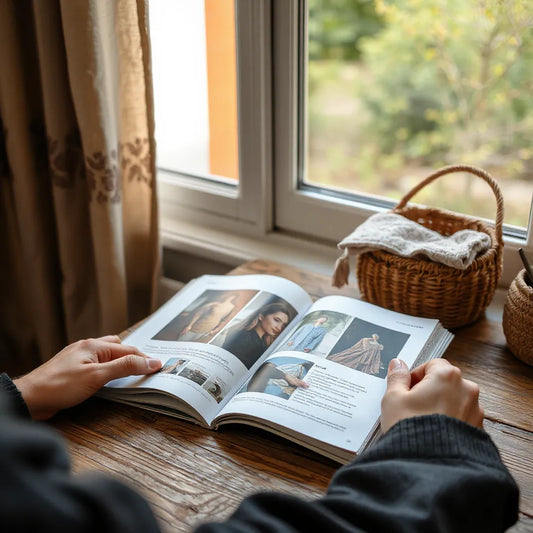 O persoană răsfoiește o revistă tradițională pe o masă de lemn lângă o fereastră