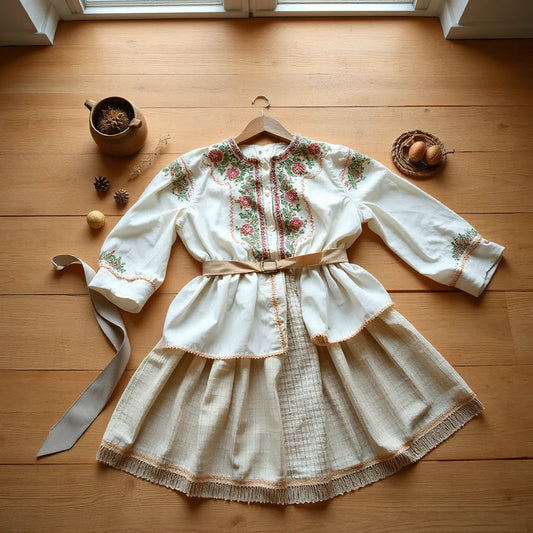 Outfit tradițional românesc aranjat pe lemn, cu ie brodată, vestă și accesorii simple