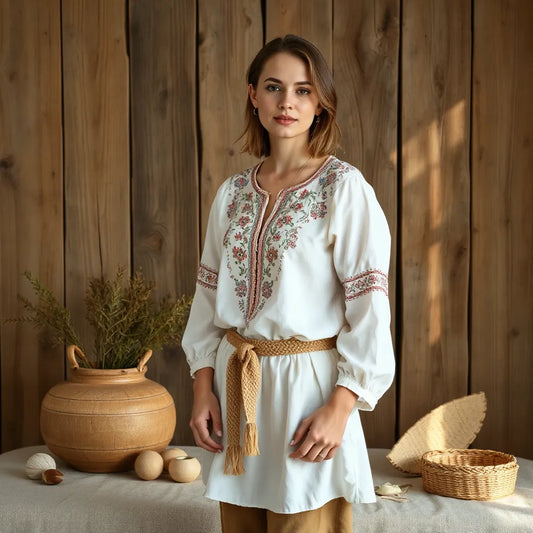 Femeie purtând o ie natională cu broderii vizibile într-un decor rustic