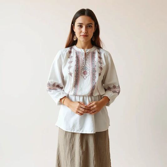 Persoană în ie națională cu broderii fine, în lumină naturală, pe fundal neutru