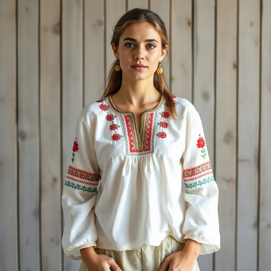 Ie națională cu broderii delicate, purtată elegant într-un cadru rural cu lumină naturală.