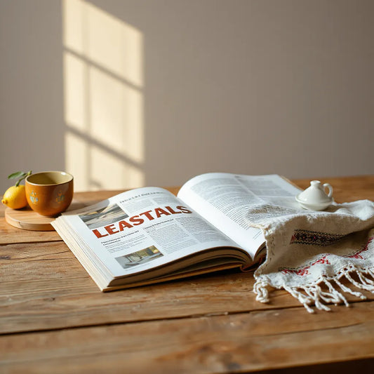 Revistă tradițională pe masă din lemn, cu material brodat românesc alături