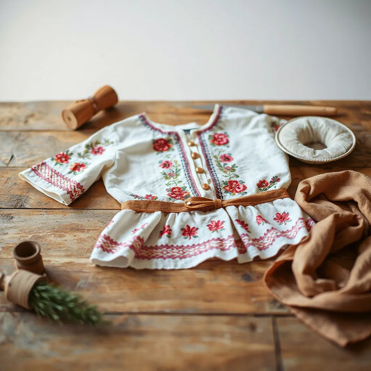 Ie tradițională cu broderie florală fină, așezată pe masă din lemn sub lumină naturală