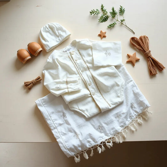 Trusou de botez pentru băiat, cu cămașă brodată și textile asortate, aranjate ordonat pe o masă din lemn