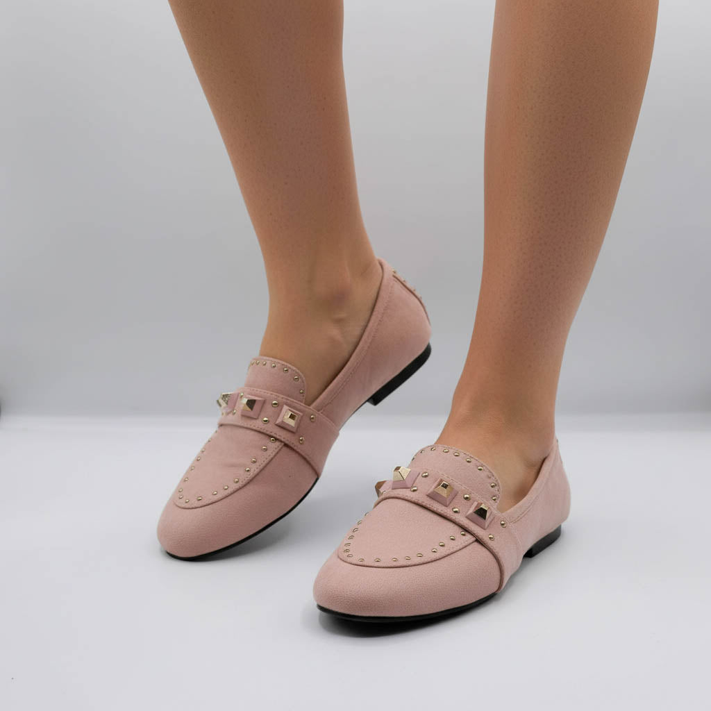 Mocasini dama roz pudrat din piele ecologicacu tinte metalice