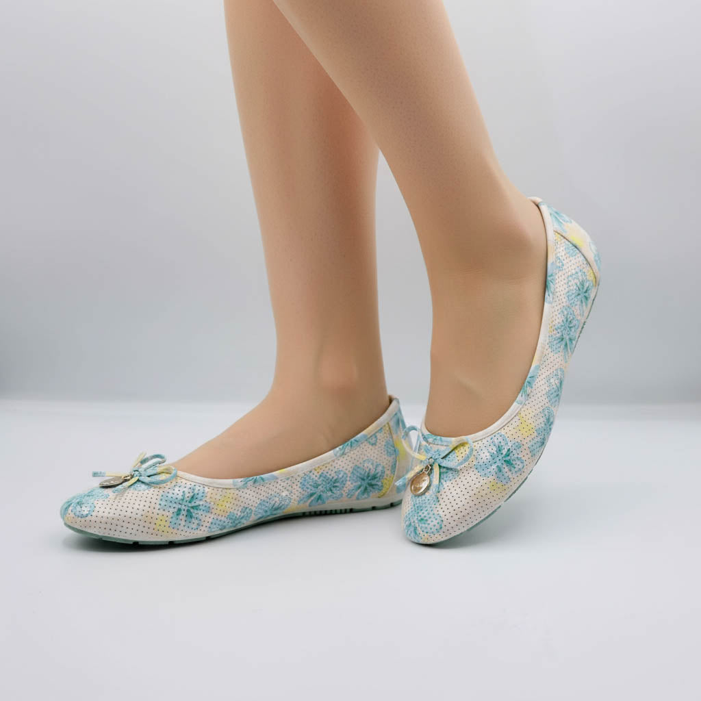 Balerini dama cu  imprimeu floral bleu si galben