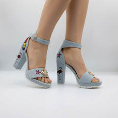 Sandale dama bleu cu toc gros brodat