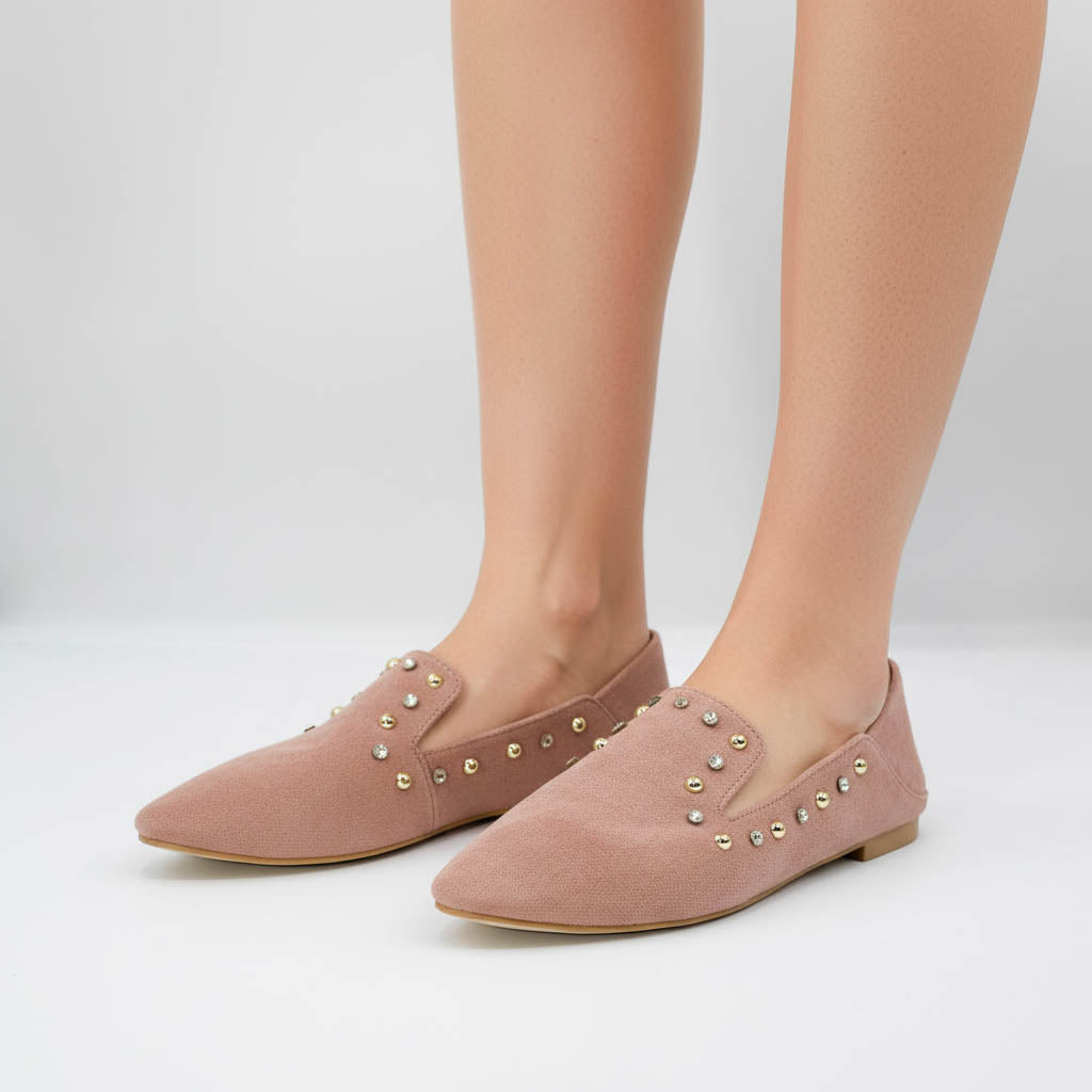 Mocasini dama roz pudrat din piele ecologica cu aplicatii metalice aurii