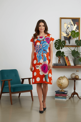 Rochie roșie cu imprimeu floral și buline albe