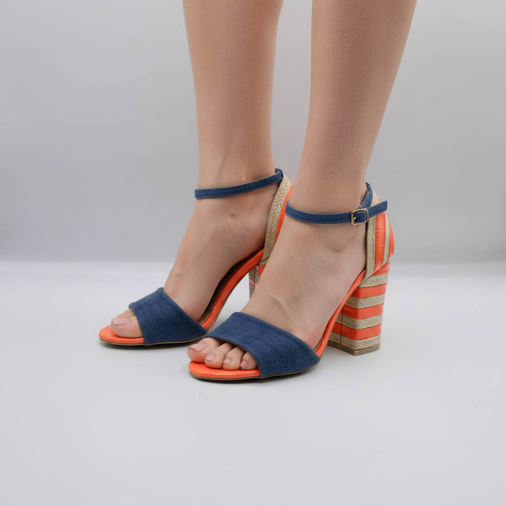 Sandale dama cu toc gros, bleu si portocaliu, din piele denim