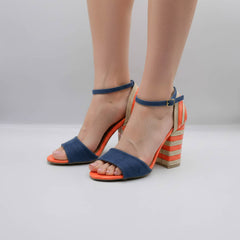 Sandale dama cu toc gros, bleu si portocaliu, din piele denim