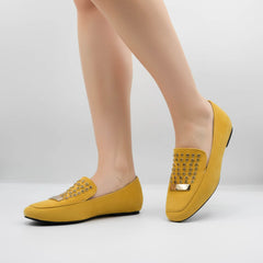 Mocasini dama galbeni din piele ecologica cu accesorii aurii