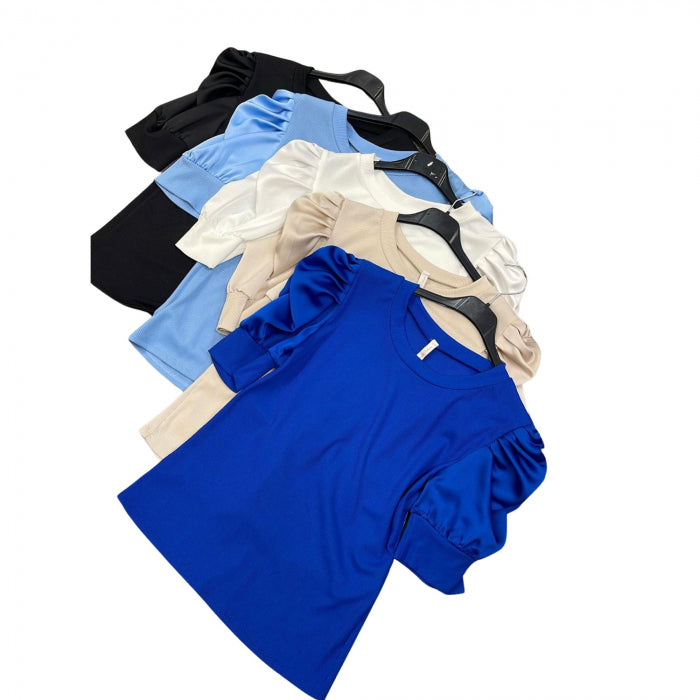 Bluză cu mâneci bufante din satin și bază din bumbac