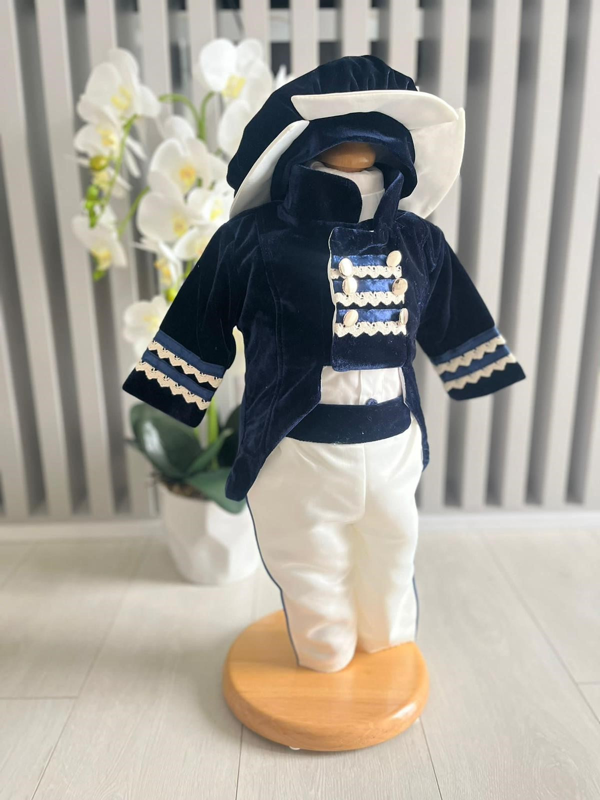 Costum de Print cu redingota pentru Botez - Bleumarin