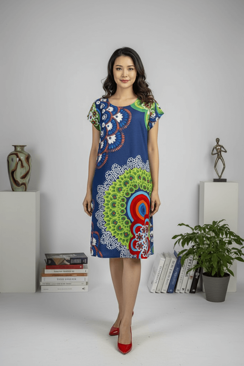 Rochie bleumarin din vâscoză cu imprimeu multicolor