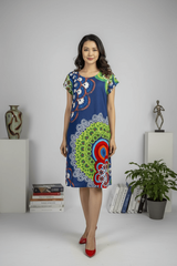 Rochie bleumarin din vâscoză cu imprimeu multicolor