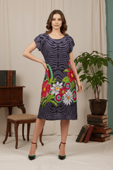 Rochie gri din vâscoză cu imprimeu floral colorat