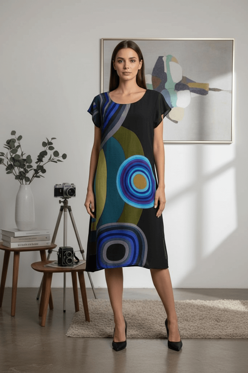 Rochie neagră din vâscoză cu imprimeu abstract