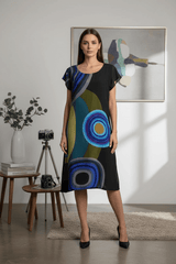 Rochie neagră din vâscoză cu imprimeu abstract