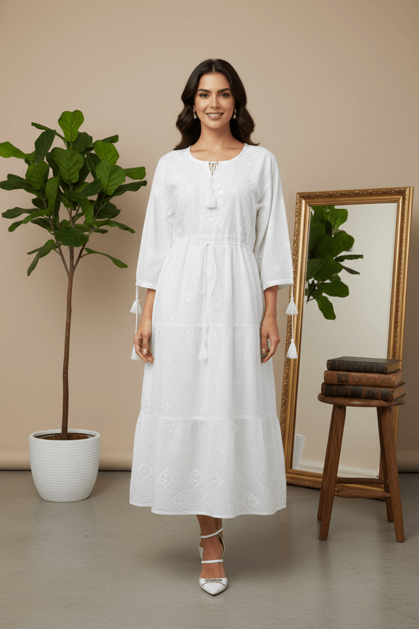Rochie albă lungă cu broderie delicată