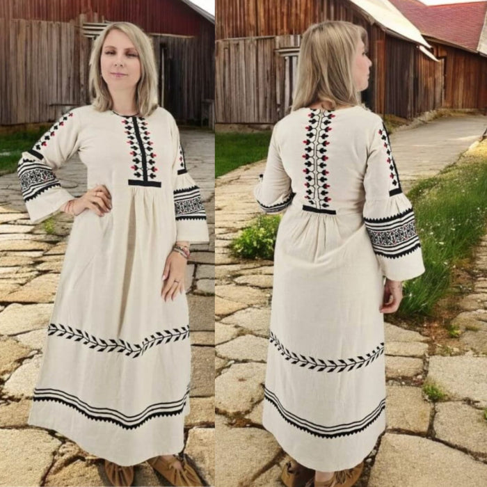 Rochie tradițională Dor de Sat cu broderie neagră și roșie