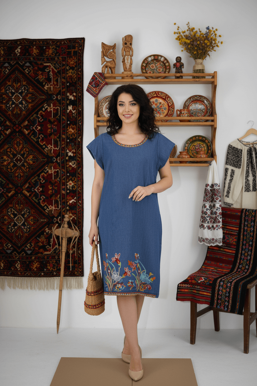 Rochie din denim cu broderie