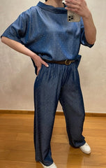 Set damă din denim satinat cu paiete discrete – bluză lejeră + pantaloni cu talie elastică