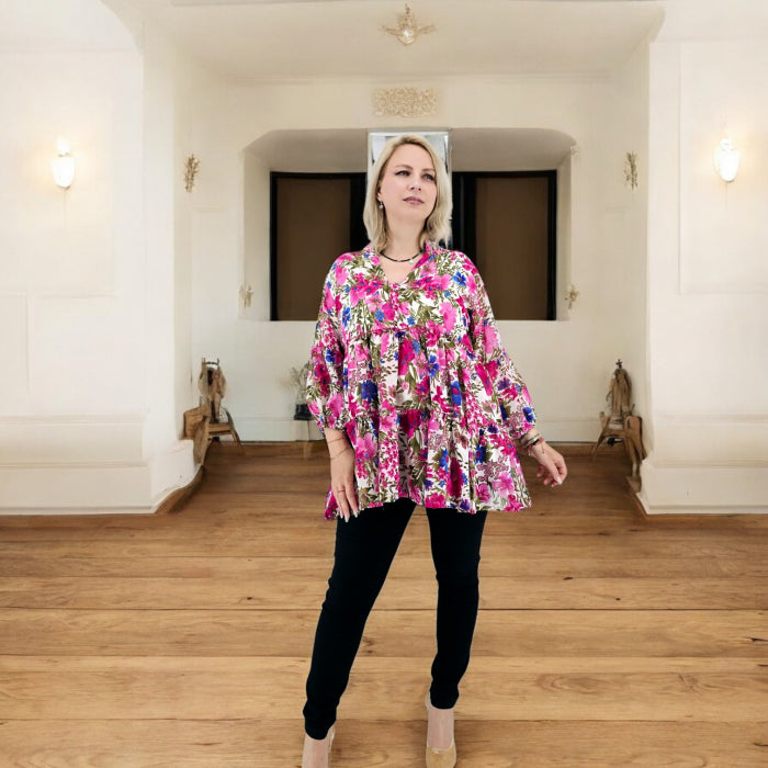 Tunică vaporoasă cu imprimeu floral colorat