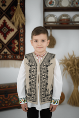Vesta crem traditionala pentru copii cu broderie neagra 2