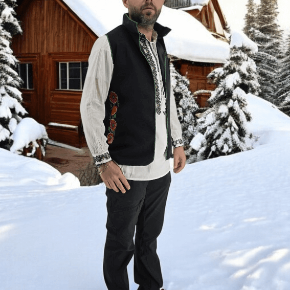 Vestă tradițională din lână cu broderie de maci - Benone