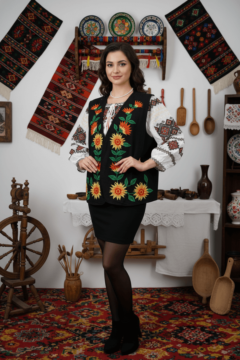 Vesta dama cu broderie floarea soarelui